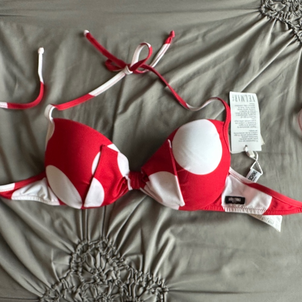 Nwt moschino italy swim top swimsuit red white dot bow size M 36 B M